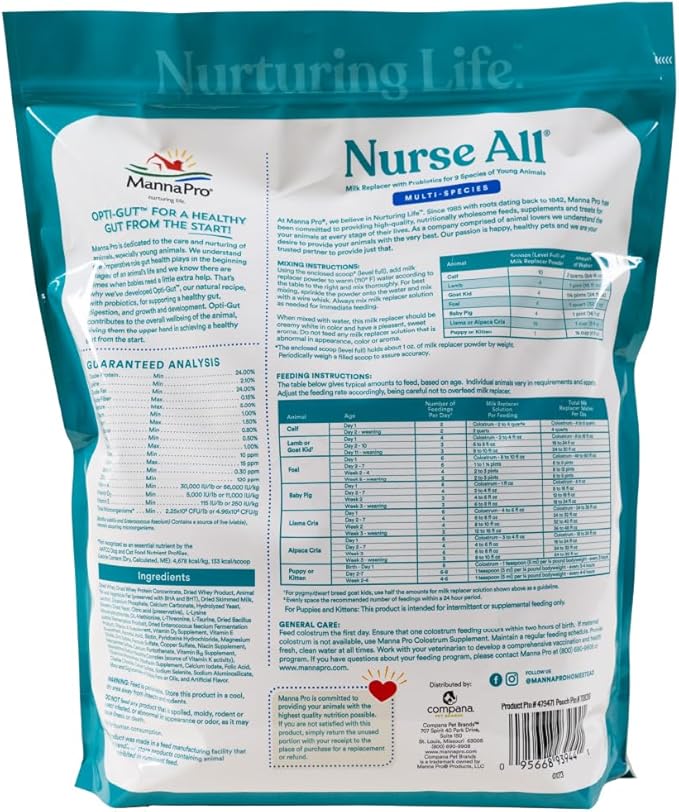 Manna Pro Nurse All Multi-Species Milk Replacer, Powered by Opti-Gut™ to Support Gut Health & Digestion, All-Milk Protein, Easy-To-Mix Formula, 8 Pounds