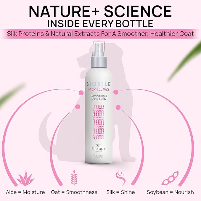 BioSilk for Dogs Detangling Spray with Shine Support, Lightweight Leave in Grooming Mist That Helps Smooth Coats, Detangle, and Add Shine Without Buildup, 8 Fl Oz - 2 Pack