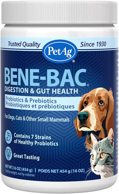 PetAg Bene-Bac Plus - 1 lb Powder - FOS & Probiotics for Dogs, Cats, Exotic & Wildlife Mammals