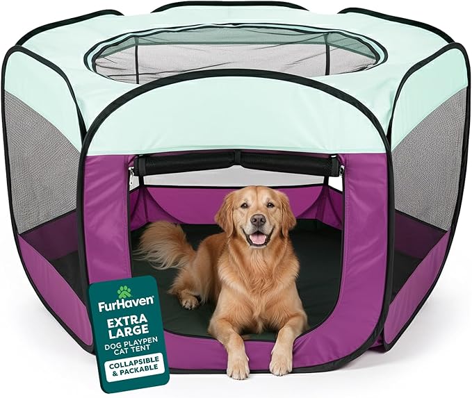 FurHaven Portable Pet Playpen for Dogs & Cats, Foldable Indoor Kitten Playpen with Mesh Sides, Pop Up Travel Dog Pen, X-Large, Purple