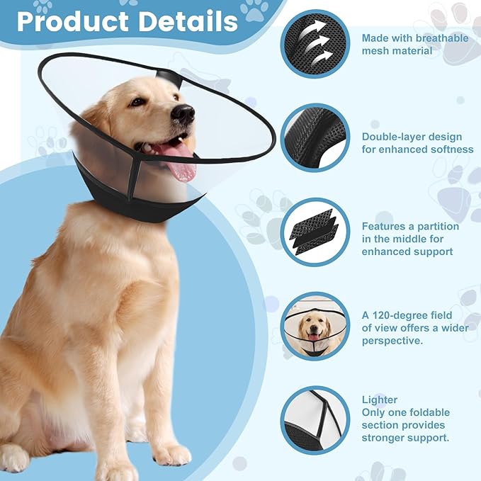 Upgraded Dog Cone Collar After Surgery, Soft Breathable Pet Recovery Collar with Double-Layer Design and Support Plate, Adjustable Dog Cone Collar for Large Medium Dogs, Elizabethan Collar（Black，XXL）