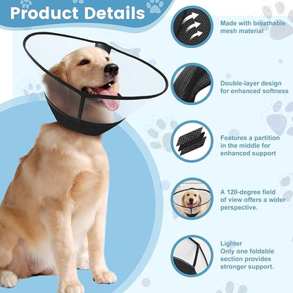 Upgraded Dog Cone Collar After Surgery, Soft Breathable Pet Recovery Collar with Double-Layer Design and Support Plate, Adjustable Dog Cone Collar for Large Medium Dogs, Elizabethan Collar（Black，L）