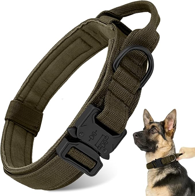 Tactical Dog Collar - Green, XL, Nylon, Heavy Duty Metal Buckle, Control Handle for Small, Medium, Large Dogs