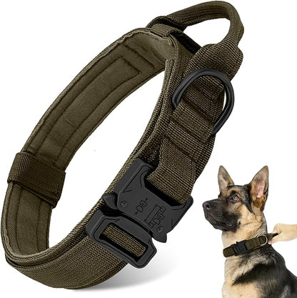 Tactical Dog Collar - Green, XL, Nylon, Heavy Duty Metal Buckle, Control Handle for Small, Medium, Large Dogs