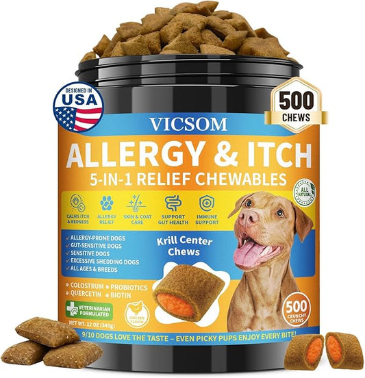 Dog Allergy Relief Chews, Dog Itching Skin Relief, 500 Crunchy Krill Center Seasonal Allergy Anti-Itch Chews, Itchy Ear & Paw Licking, Colostrum, Quercetin & Probiotics for Gut, Immune, Skin & Coat