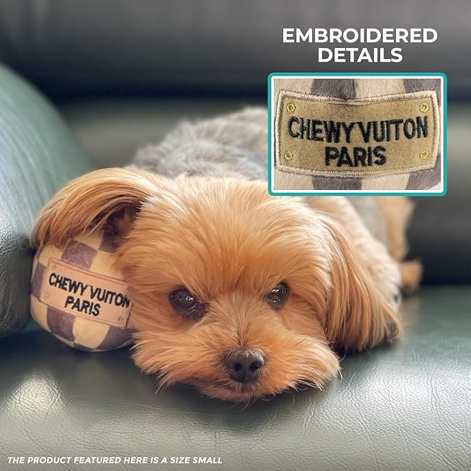 Haute Diggity Dog Chewy Vuiton Ball Plush Squeaky Dog Toy, Soft Durable Designer-Inspired Stuffed Puppy Chew Toys for Small & Medium Dogs, Machine-Washable (Tan Checker) Large