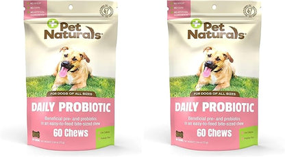 Pet Naturals Daily Probiotic for Dogs,120M CFUs - Pre and Probiotics for Dogs Digestive Health,Gut Health,Immune Support,Diarrhea,Allergies and Itching - 60 Chews,Duck Flavor,(Pack of 2)