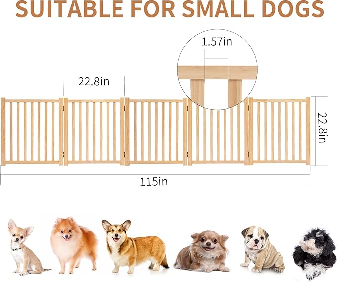 YOCAN Paint-Free Wooden Freestanding Dog Gates for The House, Doorways, Stairs,Wood Pet Fences Indoor Pet Gate,Step Over Fence-5 Panels L:115" H:23"
