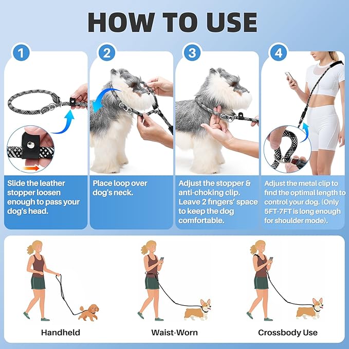 SlowTon Slip Lead for Dogs - Hands Free No Tangle Adjustable 4-6 FT 1/2” Rope, Heavy Duty Nylon Leash for Large Medium Dogs that Pull, No Pull Training Slip Leashes, 20-120lb, Black