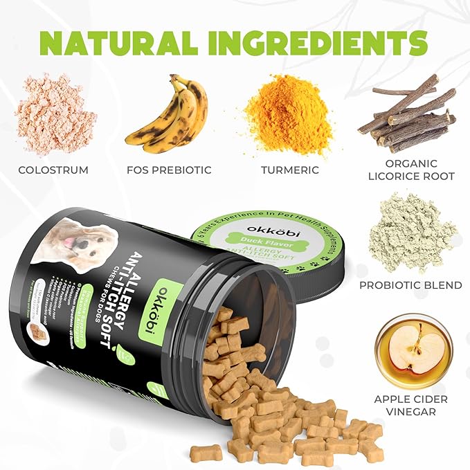 Dog Allergy Chews - 150 Pcs - Allergy Relief for Dogs - Supplements for Itchy Skin & Paw Licking - US Formula with Probiotics, Natural Ingredients & Vitamins - Duck Flavor