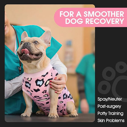 FUAMEY Recovery Suit for Dogs After Surgery,Soft Breathable Dog Bodysuit E-Collar & Cone Alternative Surgical Suit,Male Female Dog Neuter Spay Suits Anti Licking Wounds Onesie Pink Leopard XS