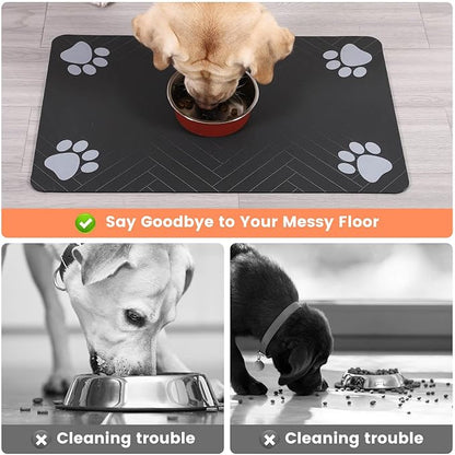 Pet Feeding Mat-Absorbent Pet Placemat for Food and Water Bowl, with Waterproof Rubber Backing, Quick Dry Water Dispenser Mat for Dog and Cat (20"x12", Black)