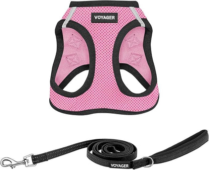 Best Pet Supplies Voyager Step-in Air All Weather Mesh Harness and Reflective Dog 5ft Leash Combo with Neoprene Handle, for Small, Medium and Large Breed Puppies - Set (Pink Base), X-Large
