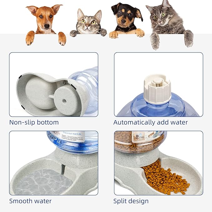KORIMEFA 2 Pcs Dog Water Dispenser Food Feeder Automatic Cat Self Dispensing Waterer Feeder Set for Small Medium Pet 1 Gallon x 2 Large Capacity (Gray-1)