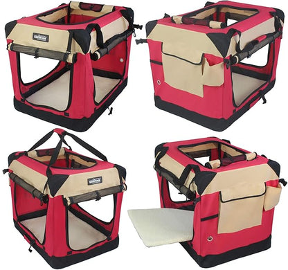 EliteField 4-Door Folding Soft Dog Crate with Curtains, Carrying Bag and Fleece Bed (2 Year Warranty), Indoor & Outdoor Pet Home (36" L x 24" W x 28" H, Red+Beige)