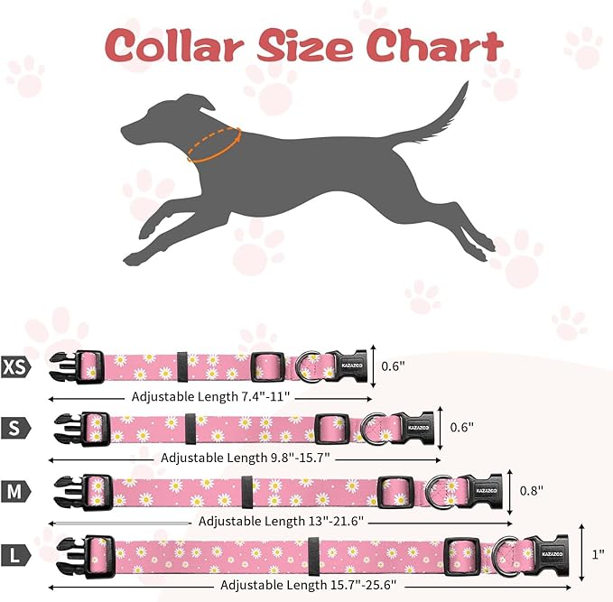 Kazazoo Dog Collar Cute and Soft Nylon Puppy Collar Girl, Adjustable Dog Collars for Small Medium Dogs, Pink Daisy-XS