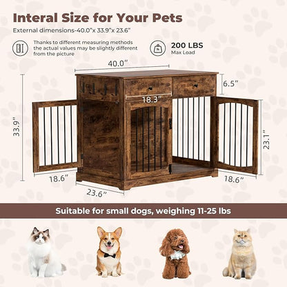 Dog Crate Furniture, Wooden Dog Kennel Furniture, Heavy-Duty Dog Crate End Table with Storage Drawers, Double Doors Decorative Pet Cage House Indoor for Small Medium Dog, 40Inch, Rustic Brown