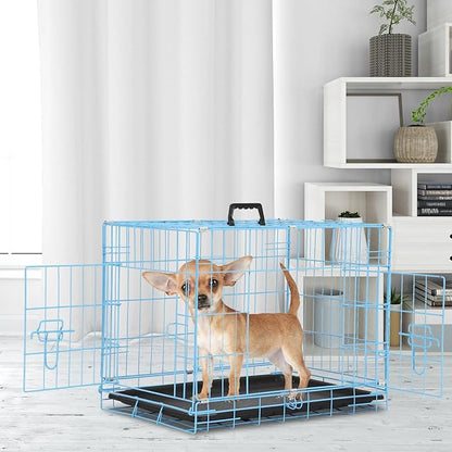 Wire Dog Crate 24 Inch Dog Kennel Cage, Double Door Folding Dog Cage, Wire Dog Kennel with Removable Tray, Indoor&Outdoor,Blue