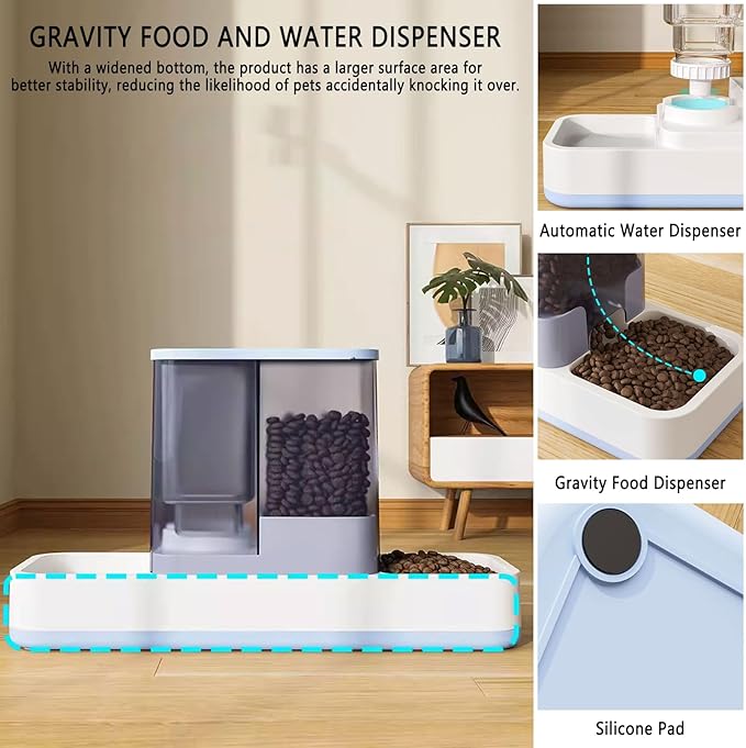 kathson Gravity Cat Food and Water Dispenser Automatic Dog Feeder Waterer 2 in 1 Auto Pet Food and Water Bowl Set Self Feeding for Puppy Kitten，Blue