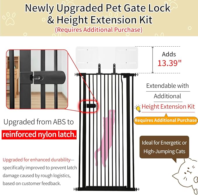 Lumizone Extra Tall Cat Gate 61.02" High Pressure Mounted Extra Wide 2025 New (17 Sizes) 1.37" Gap No Drilling Auto-Close One-Handed Operation Tall Pet Gate for Dogs(Black, 61.02" H x 63.39"-67.71" W)