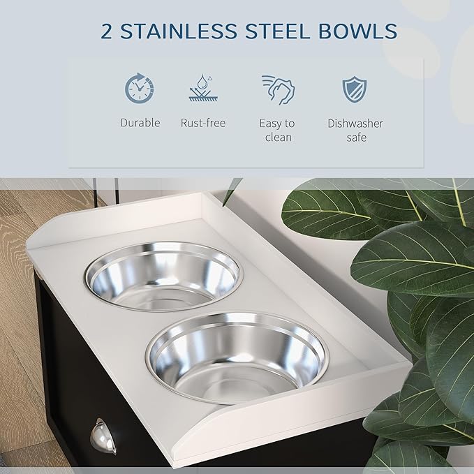 PawHut Dog Feeding Station with Storage Drawer, Elevated Dog Bowls for Large Dogs, White and Black