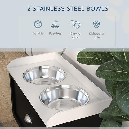 PawHut Dog Feeding Station with Storage Drawer, Elevated Dog Bowls for Large Dogs, White and Black