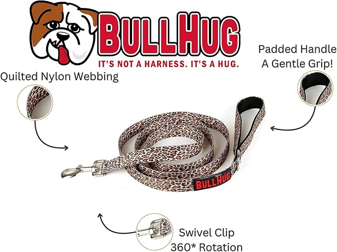 BULLHUG 6 FT Bulldog Leash with Padded Handle. Perfect for Bulldogs, French Bulldogs, Pugs & All Breeds. Leashes for Walking, Training Lead for Bulldogs (Leopard Pink)