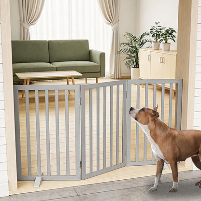 ZJSF Freestanding Indoor Dog Gate for House Foldable Wood Puppy Gate for Doorways Pet Gate for Stairs Extra Wide Pet Fence, Grey, 32" Height 3 Panels