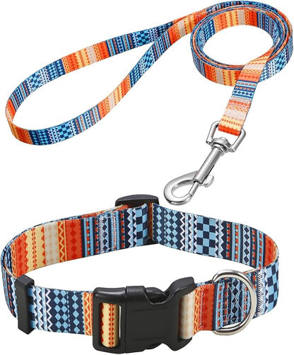 Mihqy Dog Collar and Leash Set with Bohemia Floral Tribal Geometric Patterns - Soft Ethnic Style Collar Adjustable for Small Medium Large Dogs(Bohemian Orange Set,L)