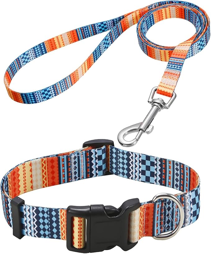Mihqy Dog Collar and Leash Set with Bohemia Floral Tribal Geometric Patterns - Soft Ethnic Style Collar Adjustable for Small Medium Large Dogs(Bohemian Orange Set,XS)