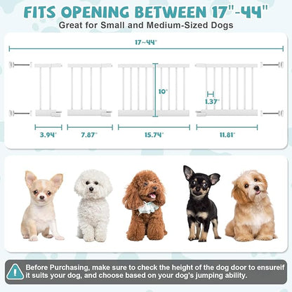 Metal Dog Gate for Small Dogs, 17"- 44" Adjustable Extra Wide Gate to Step Over, 10'' Tall Short Dog Pet Gate with 4 Extension Kits, Pressure Mounted Indoor Outdoor Pet Gate for Doorways & Stairs