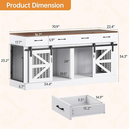 OtterOasis Extra Large Dog Crate Furniture for 2 Dogs, 71'' Dog Kennel Indoor with Removable Divider and 4 Storage Drawers, Sturdy Wooden Dog Crate TV Stand with 4 Doors for Large Medium Small Dogs