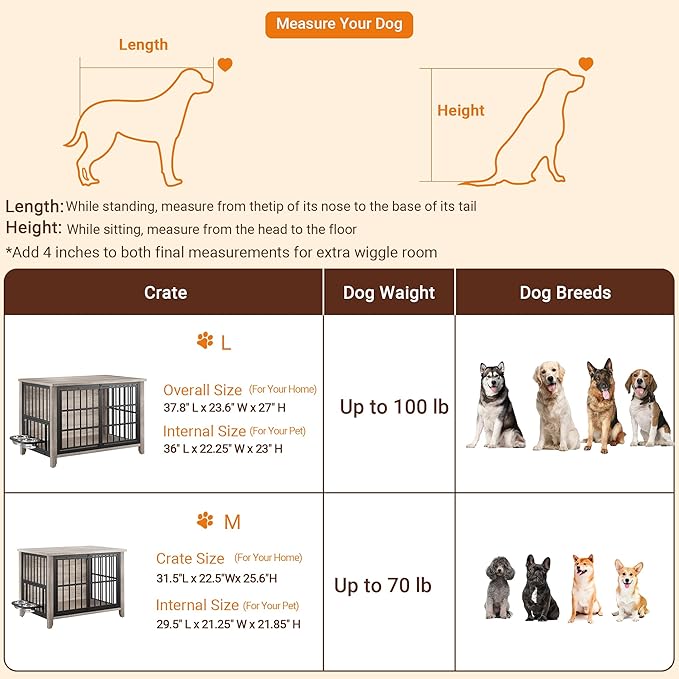 Lulive 37.8" Dog Crate Furniture, Large Wooden Dog Kennel Indoor with 360°& Adjustable Raised Dog Bowls, Double Doors Furniture Decorative Side End Table Dog Cage for Medium Dogs, Grey