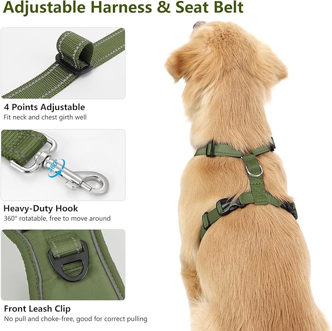 VavoPaw Dog Seat Belt Harness for Car, Dog Car Harness Adjustable Mesh Breathable & Dogs Seatbelt Safety Tether with Elastic Bungee for Small Medium Large Pets(Army Green, M)