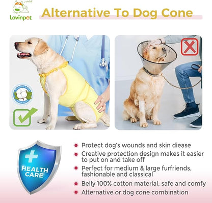 LovinPet Dog Recovery Suit for Large Medium Dogs - Wound Protective Surgical E-Collar Alternative Recovery Bodysuit for Abdominal Wounds After Surgery Dog Onesies,Deer Pattern,Yellow,XL