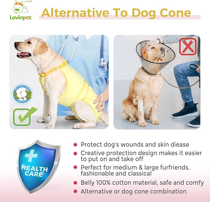 LovinPet Dog Recovery Suit for Large Medium Dogs - Wound Protective Surgical E-Collar Alternative Recovery Bodysuit for Abdominal Wounds After Surgery Dog Onesies,Deer Pattern,Yellow,M