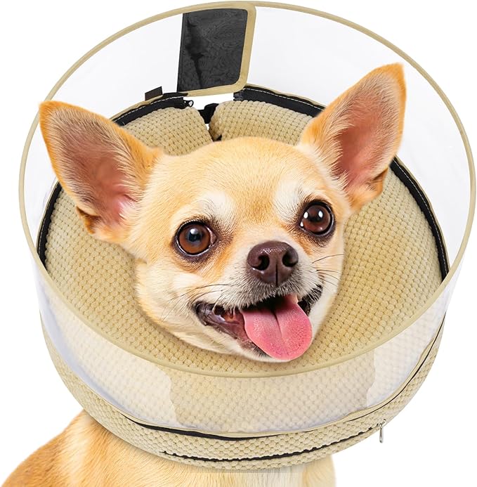 Soft Inflatable Dog Cone for Surgery Recovery, Protective Dog Donut Collar with Shield to Stop Licking Wounds, 2-in-1 Patented Comfort Blow-Up Collar for Small Pets, Chihuahua (Khaki, S)