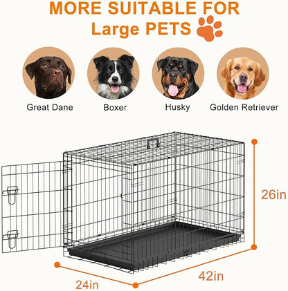 FDW Large Dog Crate 42inch Dog Cage Foldable Metal Kennel with Leakproof Tray Foldable Design Indoor Outdoor Use for Large Dogs,Black