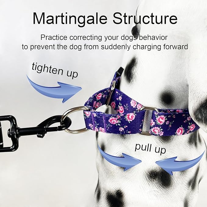 Martingale Collar for Dogs with Buckle Floral Dog Collar Girl Female Soft Nylon Dog Collars for Small Medium Large Dogs (Purple Flower, L)