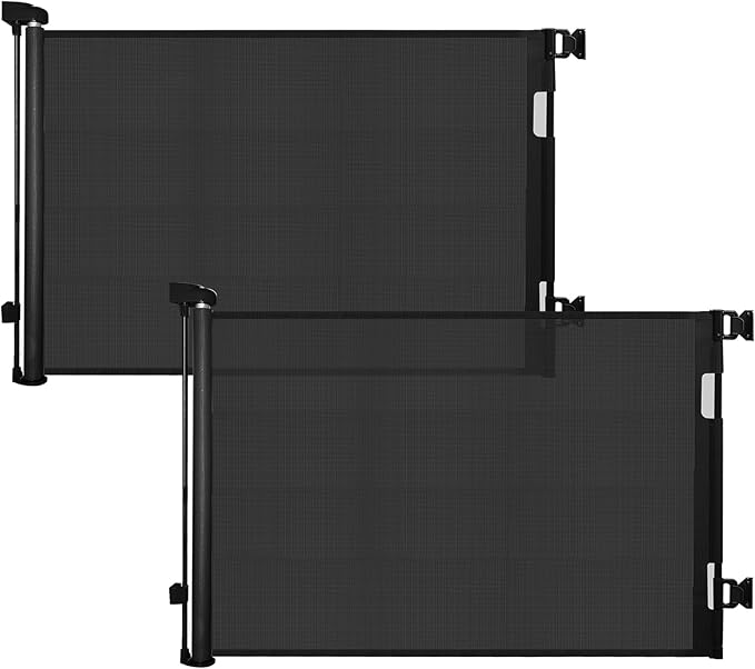 2-Pack Retractable Baby Gate for Stairs-33”Height, Expands up to 55”Width-Safety Gate for Infants, Toddlers, Dogs & Pets-Easy Install, Secure Closure, Black Mesh Design for Indoor & Outdoor Use