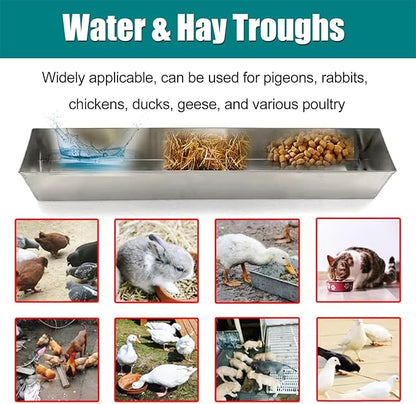 Animal Water Trough Outdoor 8 15 23 35 39 in, Pigeon Chicken Duck Goose Rabbits Hay Feeder, Stainless Steel Small Feeding Trough Set for Livestock/Poultry(H 7cm(2 3/4"),L 60cm (23 3/5"))