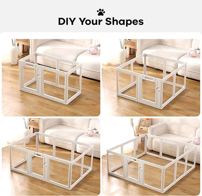 Clear Acrylic Dog Playpen Indoor, Puppy Cat Small Pet Play Pen, Pet Cat Playpen for Rabbits, Dog Fence Crate Kennel Whelping Cage (24", White, 10 Panels)