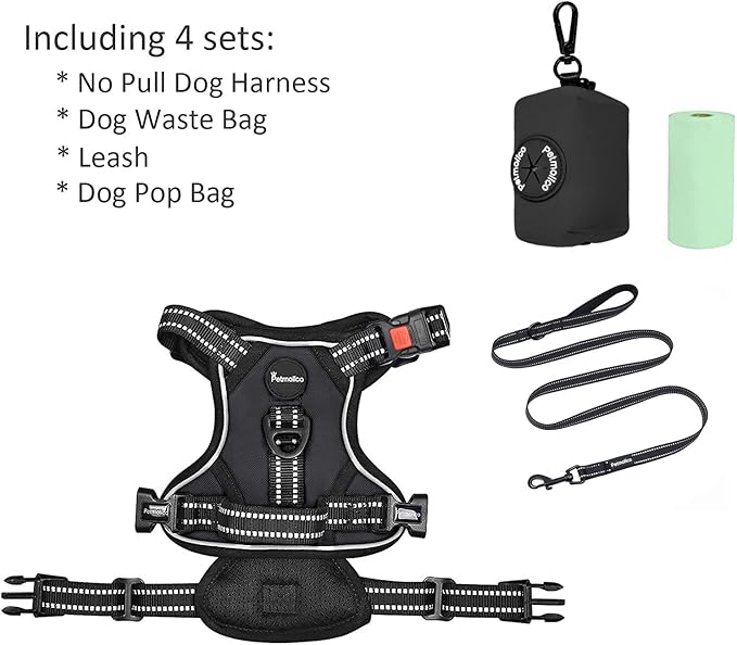 Petmolico No Pull Dog Harness Set with Leash Attachment Easy Control Handle Reflective Harness Vest Small Breed, Puppy Vest and Leash Set with Poop Bag Holder, Medium - Black