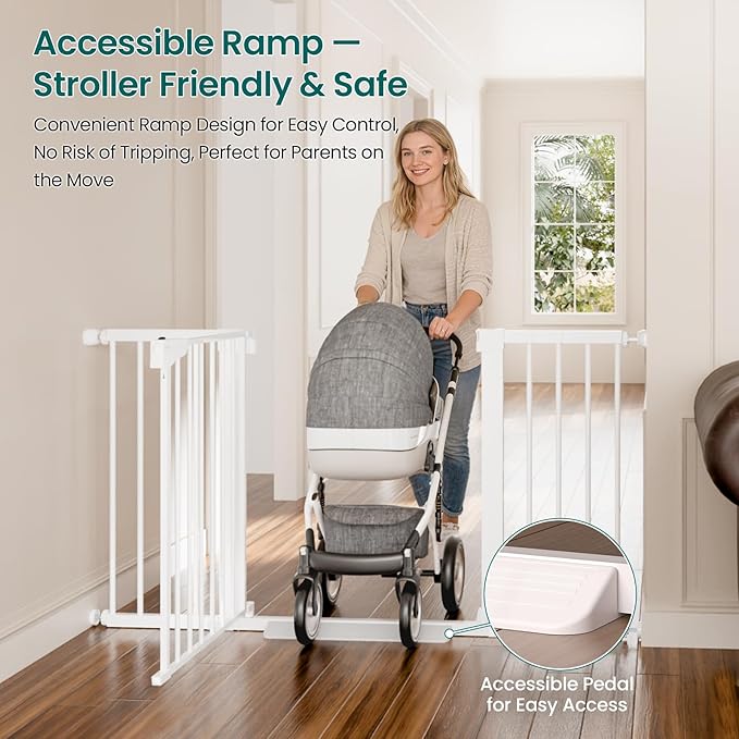 Cumbor 30-54" Extra Wide Baby Gate for Stairs, Dual Lock & Self-Closing Dog Gate Indoor, Easy Install Pet Gate for Doorways, Hallways & Kitchen, Easy Walk Thru Safety Proofing for Babies & Pets, White