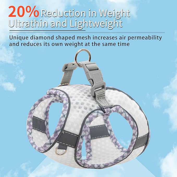 Summer Soft Dog Harness and Leash Set,Ultra Thin Breathable Diamond Mesh, Step in Adjustable Dog Harness with Padded Vest for Medium Size Dogs in Hot Weather White L