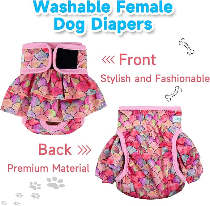 Langsprit Female Dog Diapers (3 Pack) - No Leak Washable, Highly Absorbent for Dogs in Heat, Incontinence, Excitable Urination or Period - Reusable, Size S