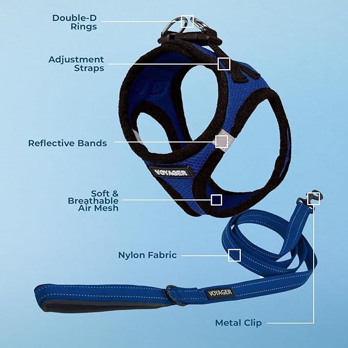 Best Pet Supplies Voyager Step-in Air All Weather Mesh Harness and Reflective Dog 5ft Leash Combo with Neoprene Handle, for Small, Medium and Large Breed Puppies - Set (Royal Blue/Black Trim), Medium