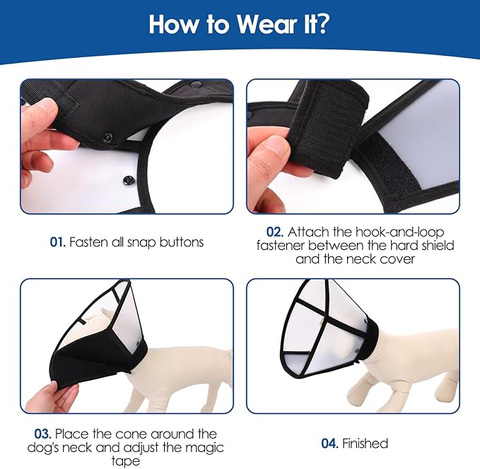 SUNFURA Dog Cone, Soft Dog Cones for Large Breeds After Surgery, Comfortable Pet Recovery Collar to Stop Licking, Adjustable E-Collar Alternative for Wound Healing, Black L