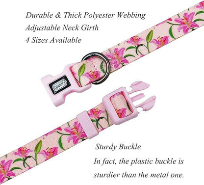 Dog Collar Leash Set, Floral Pattern, Polyester Material, Adjustable Collar and 5ft Matchcing Leash, for Large Dogs.(L, Pink Lily)