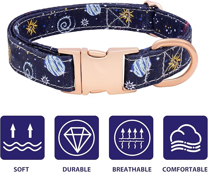 Dog Collar and Leash Set Adjustable Girls Puppy Floral Collars with Bow Tie for Small Medium Large Dogs(XS, Blue Planet)